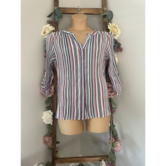 Christopher & Banks Striped V-Neck Blouse with Roll-Up Sleeves Lightweight - Picture 1 of 5